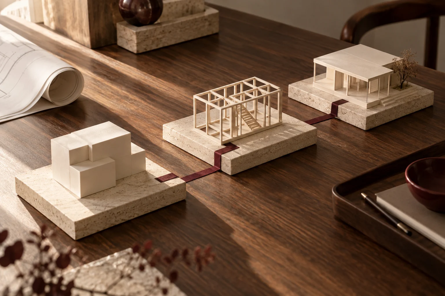 Três etapas de uma maquete arquitetônica conectadas por uma fita bordô.