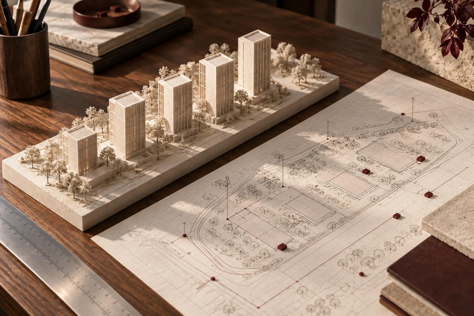 Maquete arquitetônica com volumes de diferentes alturas ao lado de uma planta com marcações.